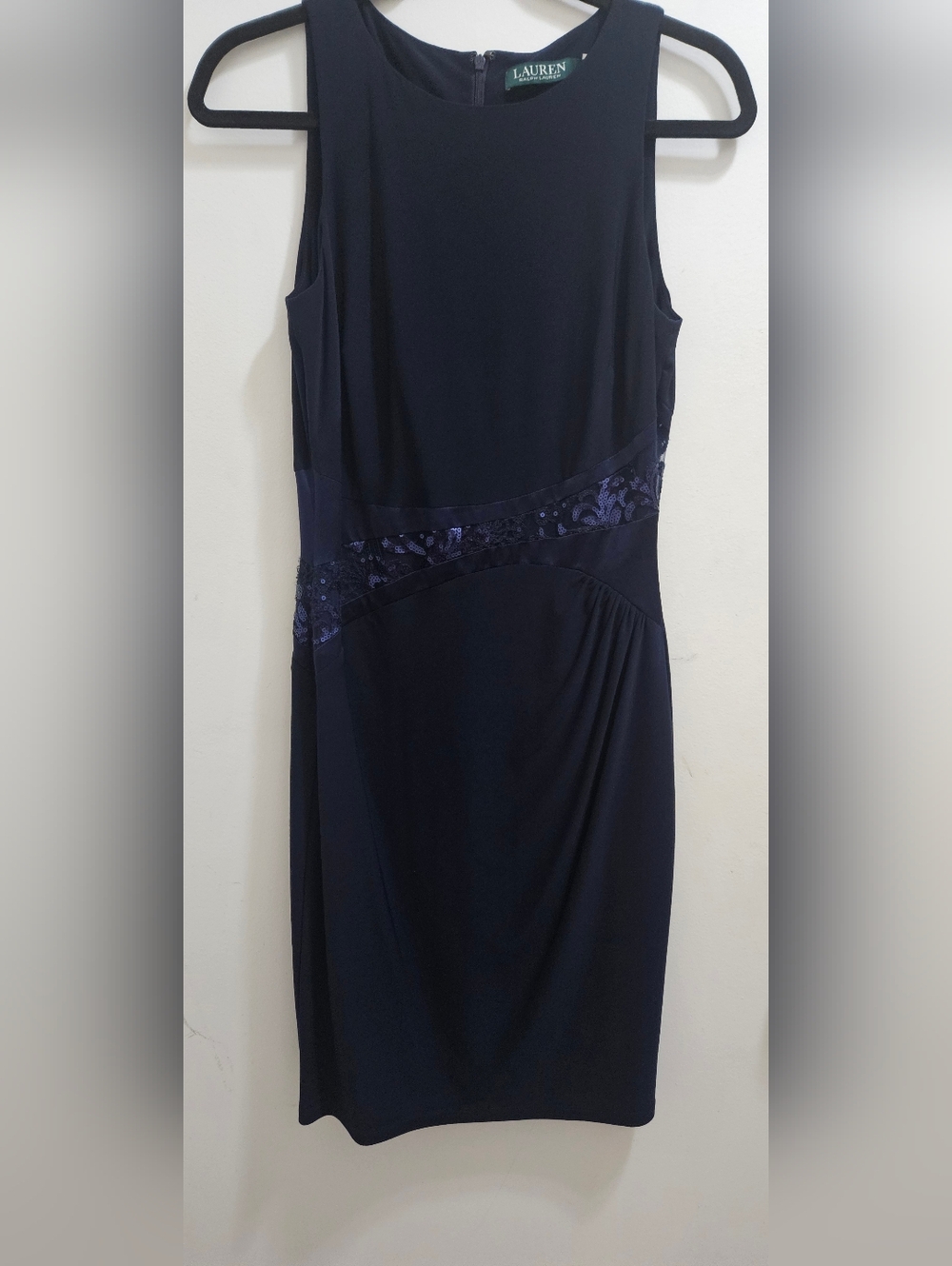 Lauren Ralph Lauren Navy Sleeveless Midi Dress with Sequin Trim On The Waist